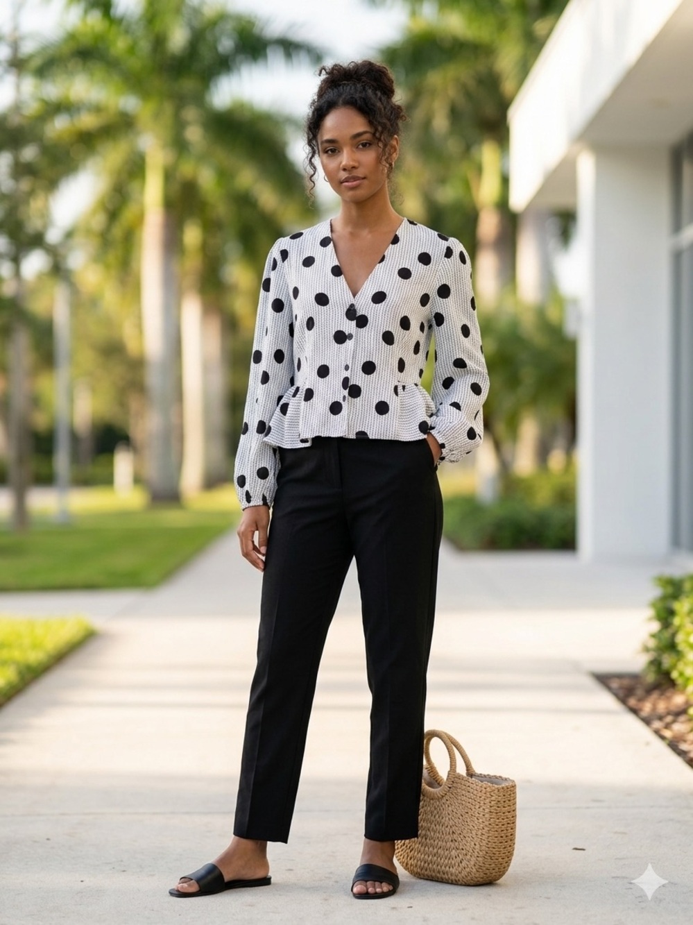 Topshop Mixed Polka Dot Peplum Blouse Button Front V-Neck Long Sleeve Size US 8